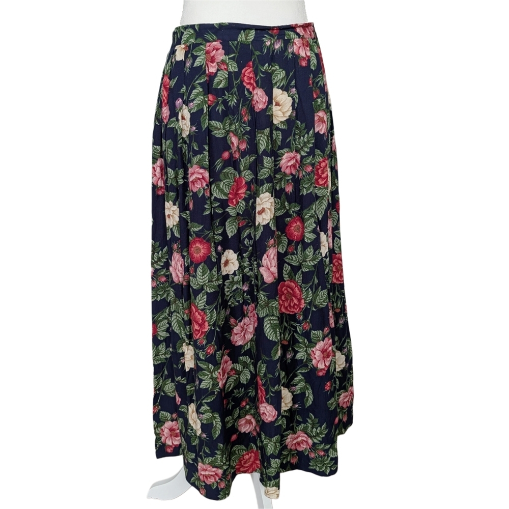 Susan Bristol New Traditions Navy Pink Floral Vintage Pleated Maxi Skirt Size 12